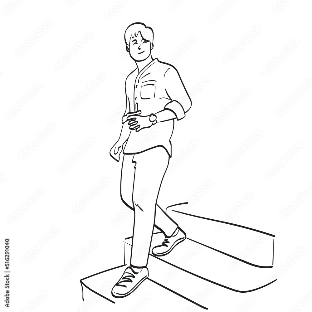 Obraz premium line art man with takeaway coffee in hand walking on steps illustration vector hand drawn isolated on white background
