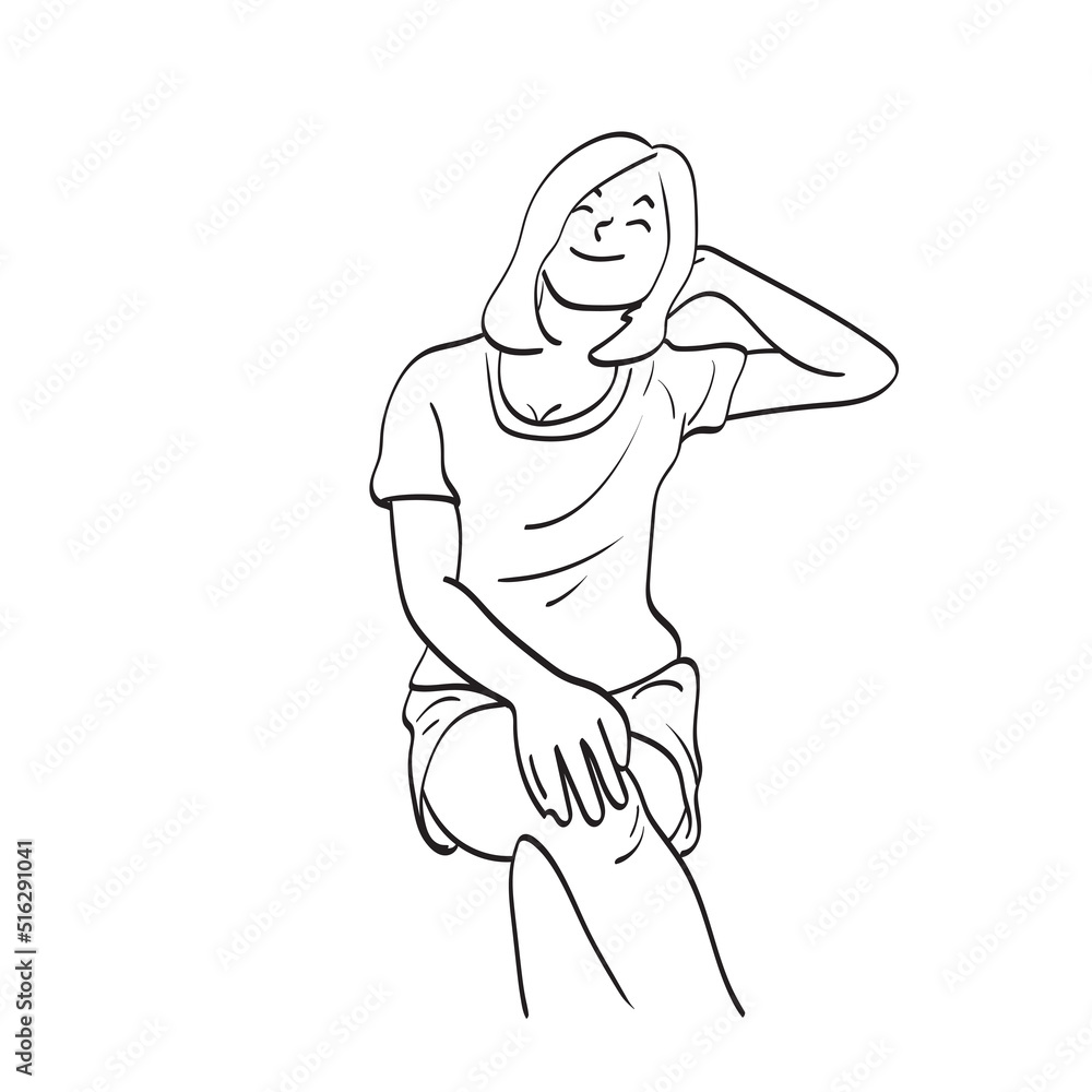 line art smiling woman sitting with relax illustration vector hand drawn isolated on white background