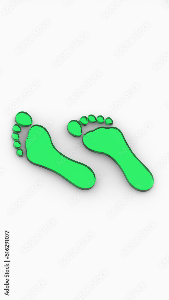 two green glass bare footprints. bare footprint close up. Vertical image. 3D image. 3D rendering.