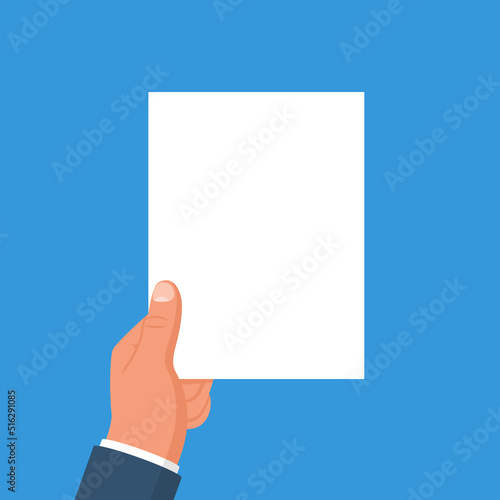 The man holds a clean sheet of paper in hands. Empty blank. Vector illustration, flat design. Template for text. Isolated on background.
