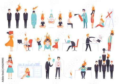 Stress with People Character with Negative Emotion Burned Out at Work and at Home with Flame Big Vector Set