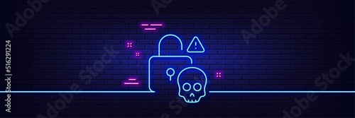 Neon light glow effect. Cyber attack line icon. Ransomware threat sign. Password cracking symbol. 3d line neon glow icon. Brick wall banner. Cyber attack outline. Vector