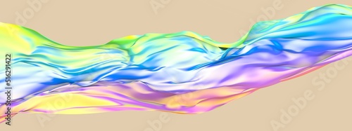 Abstract colorful background with iridescent liquid. Flight of fabric. 3D render