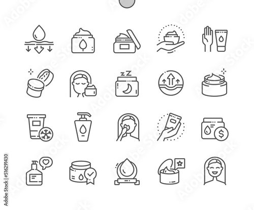 Moisturizer cream. Healthy face and uv protection. Skin care. Pixel Perfect Vector Thin Line Icons. Simple Minimal Pictogram