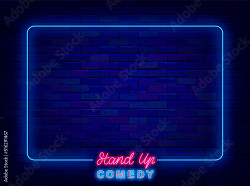 Stand up comedy neon advertising. Blue shiny frame on brick wall. Comic show light promotion. Vector illustration
