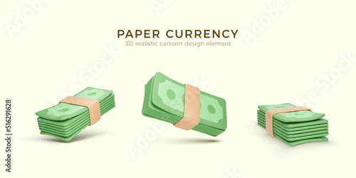 Pack of green paper currency. Set of 3D render stack of dollar US. Money dollar banknote in cartoon style