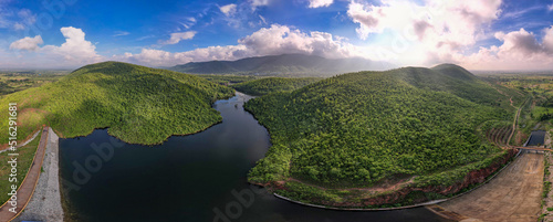 Aerial panoramic landscape with green hills, river and forest photo