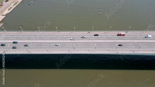 Köln, Germany - Drohnen Luftbild Flug über die Zoobrücke im Kölner Norden die sich über den Rhein windet und Köln Müllheim mit linksrheinischen Köln Nippes verbindet - Top Shot photo