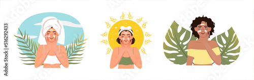 Flat illustrations of multi ethnic women doing daily facial skincare routine. Different types of women using moisturizer.