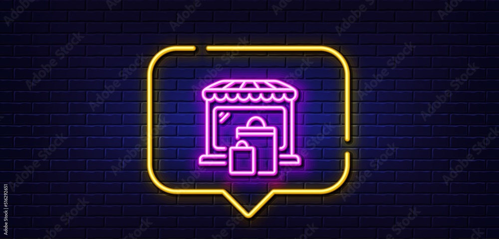 Neon light speech bubble. Market line icon. Shopping bags sign. Retail marketplace symbol. Neon light background. Market glow line. Brick wall banner. Vector Neon light speech bubble. Market line icon. Shopping bags sign. Retail marketplace symbol. Neon light background. Market glow line. Brick wall banner. Vector