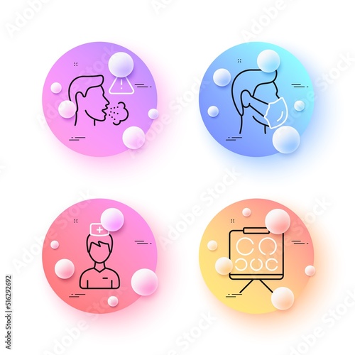 Doctor, Cough and Medical mask minimal line icons. 3d spheres or balls buttons. Vision board icons. For web, application, printing. Medicine person, Flu symptom, Respirator. Eye check. Vector