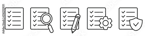 Set of checklist line icons. Checklist with magnifier glass, pencil, gear, shield. Isolated vector icons.