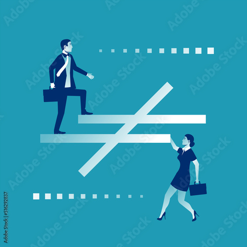 Unequal forces. Sign of inequality between a man and a woman. Unequal starting position concept of gender equality. Vector illustration flat design. Discrimination of women. Feminism concept.