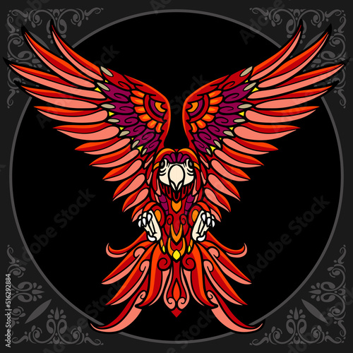 Colorful Macaw bird zentangle arts isolated on black background.