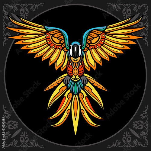 Colorful Macaw bird zentangle arts isolated on black background.