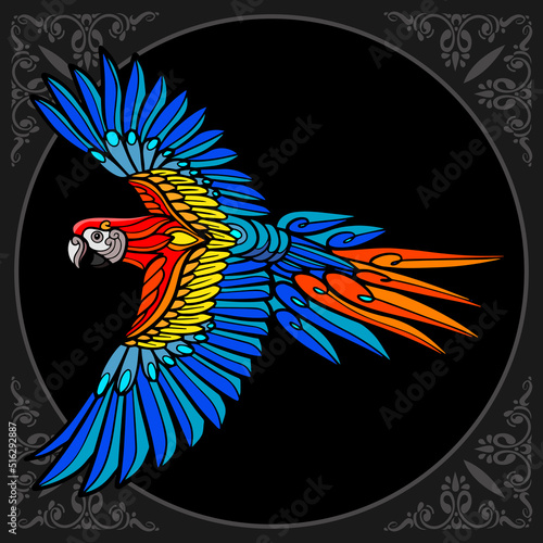 PrintColorful Macaw bird zentangle arts isolated on black background.