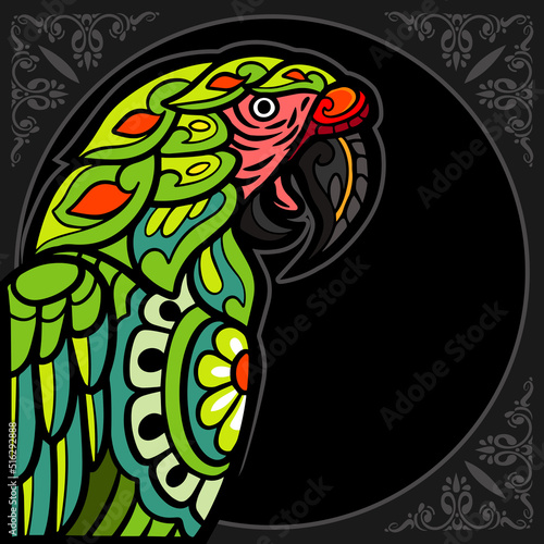 Colorful Macaw bird zentangle arts isolated on black background.