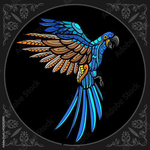 Colorful Macaw bird zentangle arts isolated on black background.