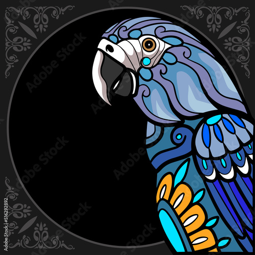 Colorful Macaw bird zentangle arts isolated on black background.