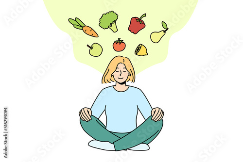 Calm young woman meditating thinking of healthy eating. Happy girl in lotus pose go vegetarian and diet. Eco and organic products. Vector illustration. 