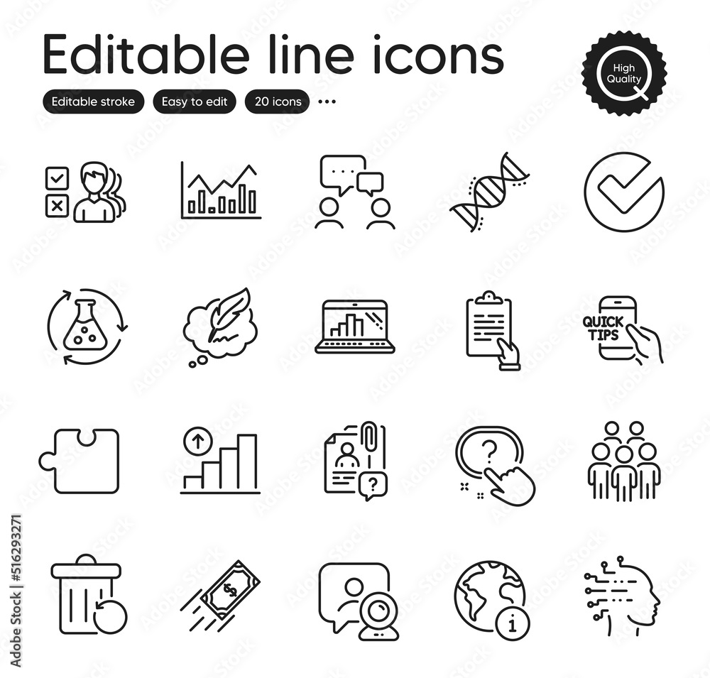 Set of Education outline icons. Contains icons as Opinion, Question button and Verify elements. Infochart, Recovery trash, Chemistry experiment web signs. Internet. Outline opinion icon. Vector