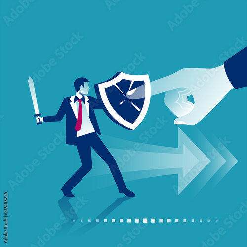 Strong against weak. Businessman with a shield and a sword is defended from boss. Business people. Confront power. Unequal forces. Vector illustration. Inequality concept. Corporate conflicts.