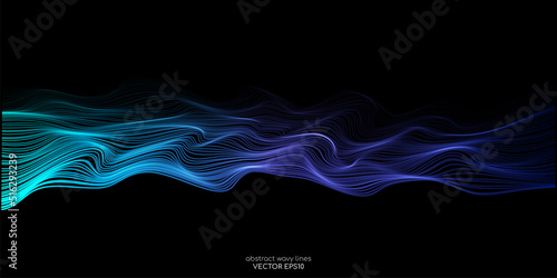 Vector wave lines smooth flowing dynamic blue green gradient light isolated on black background for concept of technology, digital, communication, science, music