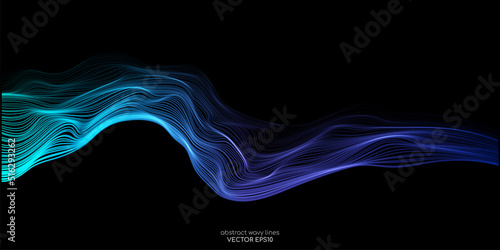 Vector wave lines smooth flowing dynamic blue green gradient light isolated on black background for concept of technology, digital, communication, science, music