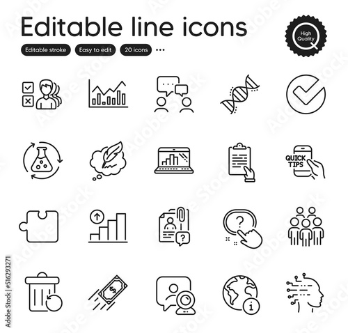 Set of Education outline icons. Contains icons as Opinion, Question button and Verify elements. Infochart, Recovery trash, Chemistry experiment web signs. Internet. Outline opinion icon. Vector