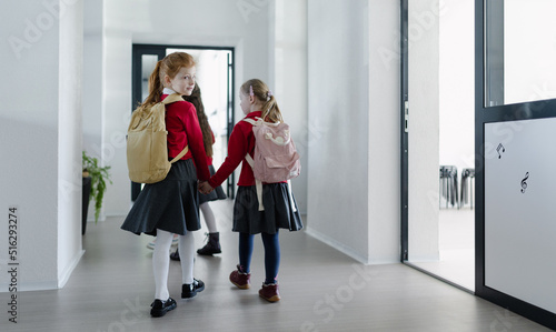 Happy schoolgirl with Down syndrome classmate in uniform walking in scool corridor with classmates, rear view.