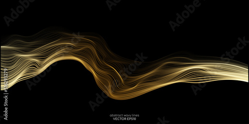 Vector wave lines smooth flowing dynamic gold gradient light isolated on black background for concept of luxury, technology, digital, communication, science, music