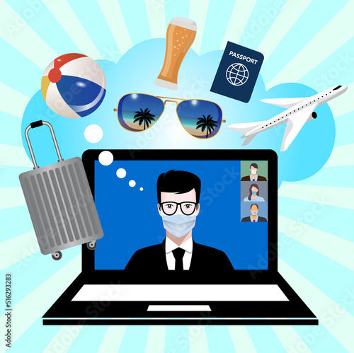 businessman daydreaming holiday during video conference