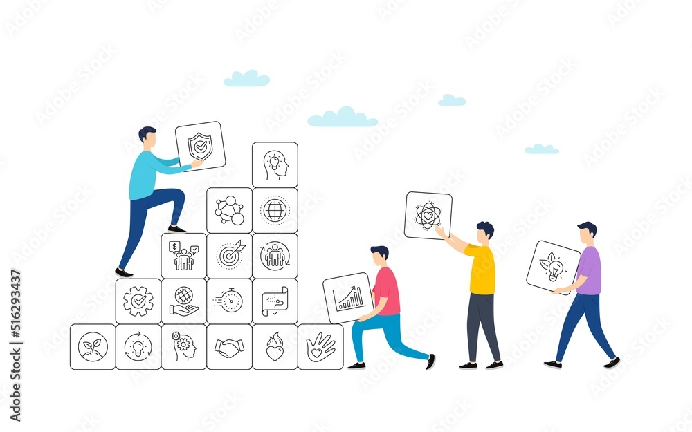 Fototapeta premium Core values line icons. People team work concept. Integrity, Target purpose and Strategy. Trust handshake, social responsibility, commitment goal icons. Vector