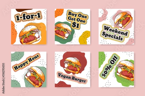 Burger deal sale discount advertising poster set vector contoured illustration. Fast food cafe menu