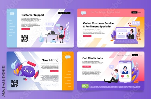 Online customer support service landing page set vector call center internet agent assistance