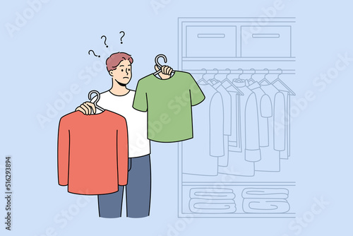 Man choosing clothes near wardrobe at home. Guy feel confused make decision about garment or apparel. Fashion and style problem. Vector illustration. 