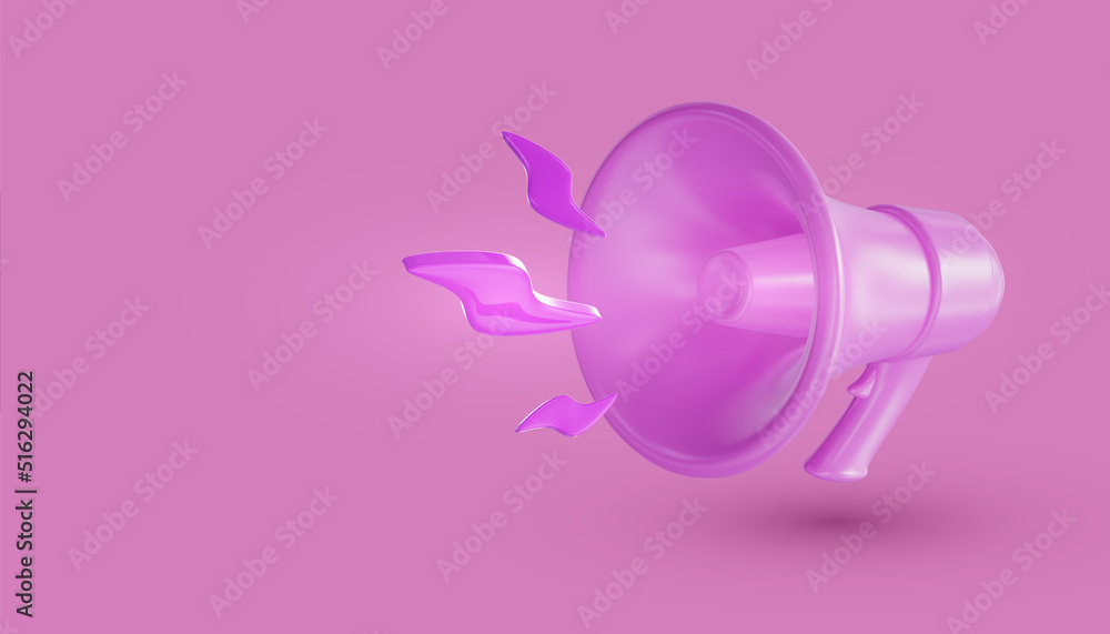 Pink megaphone loudspeaker on  pink background. 3D render  illustration.