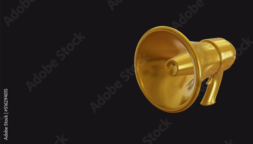 Gold megaphone loudspeaker on black background. 3D render illustration.