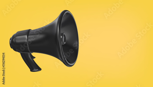 Black megaphone loudspeaker on  yellow background. 3D render  illustration. Marketing time concept,   Place for text.