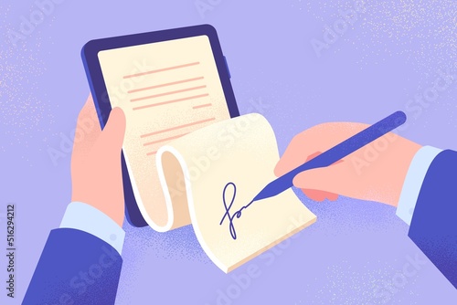 Electronic signature on tablet computer. Digital form attached to electronically transmitted document, verification of intent to sign agreement, legal deal