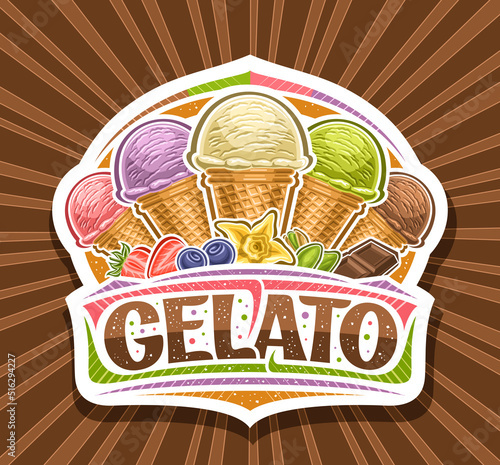 Vector logo for Italian Gelato, cut paper sign board for kids cafe with illustration of five different ice creams in waffle cones and unique lettering for brown word gelato on rays of light background