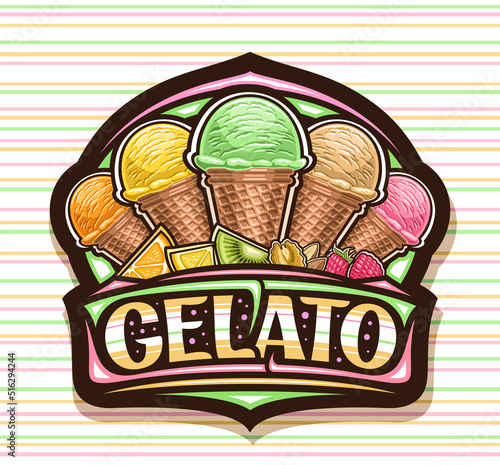 Vector logo for Italian Gelato, black sign board for kids cafe with illustration of 5 different refreshing ice creams in brown waffle cone, unique brush lettering for word gelato on striped background