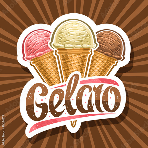 Vector logo for Italian Gelato, cut paper sign board for kids cafe with illustration of triple different ice creams in waffle cones, unique lettering for brown word gelato on rays of light background