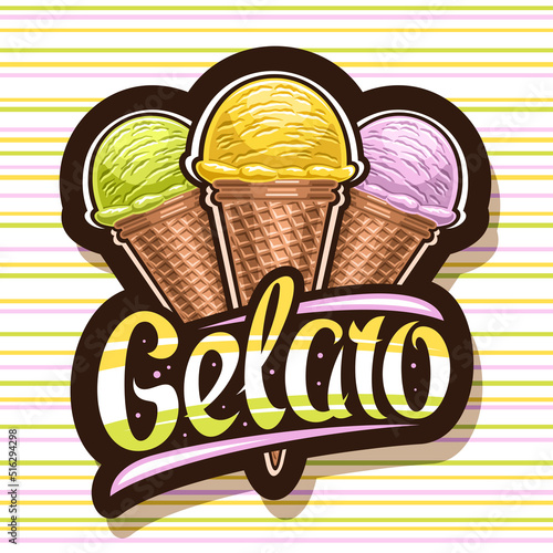 Vector logo for Italian Gelato, black sign board for kids cafe with illustration of triple different yummy ice creams in chocolate waffle cones, unique lettering for word gelato on striped background
