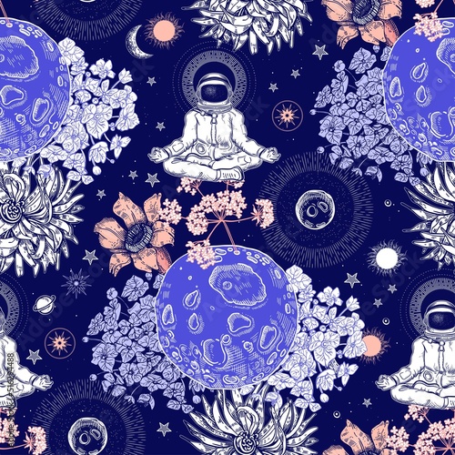 An astronaut is sitting on a small planet. Planets, sun and flowers. Seamless pattern.