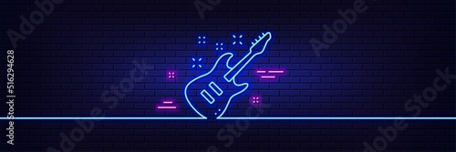 Neon light glow effect. Electric guitar line icon. Music sign. Musical instrument symbol. 3d line neon glow icon. Brick wall banner. Electric Guitar outline. Vector