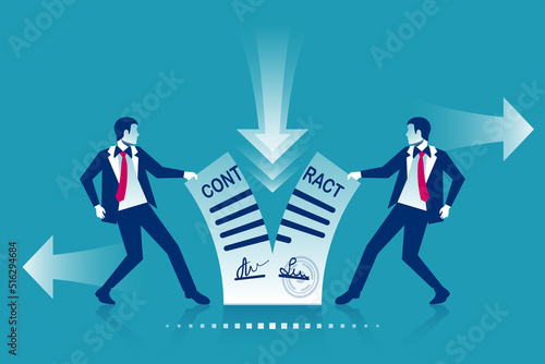 Break of a contract. Two businessmen tearing contract. Vector illustration flat design. Isolated on background. Concept of disagreement. Business documents. End deal.