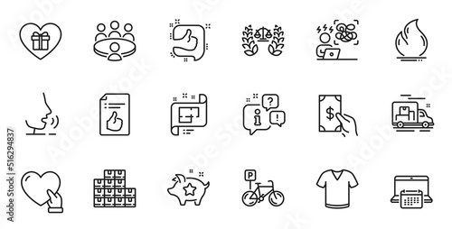 Outline set of Romantic gift, Meeting and Bicycle parking line icons for web application. Talk, information, delivery truck outline icon. Include Justice scales, Volunteer, T-shirt icons. Vector