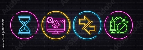 Synchronize, Settings and Time hourglass minimal line icons. Neon laser 3d lights. Medical drugs icons. For web, application, printing. Communication arrows, Cogwheel tool, Sand watch. Vector