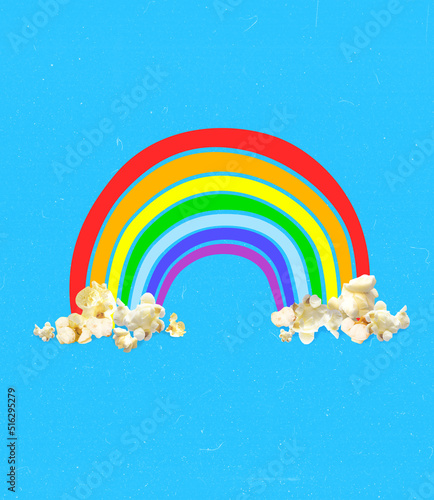 Contemporary art collage. Creative colorful design with rainbow popcorn isolated over blue background
